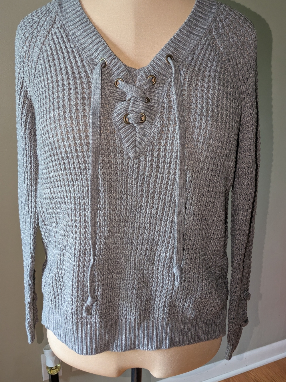 It's Our Time Light Gray Lace-Up V-Neck Knit Sweater